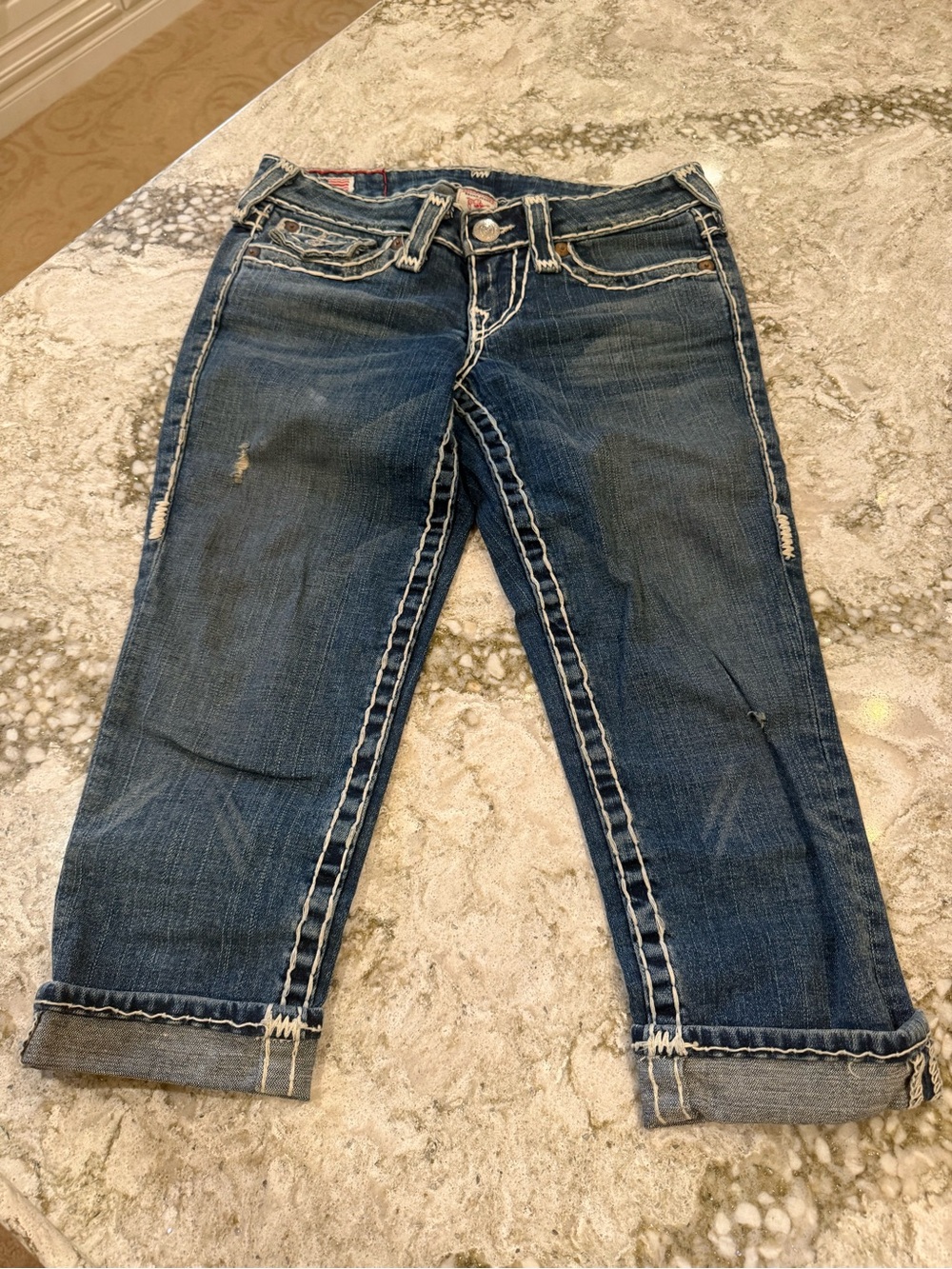 True Religion Women’s Dark Blue Cropped Jean Shorts with Contrast Stitching